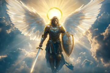 Archangel Michael wielding sword and shield amidst the clouds
