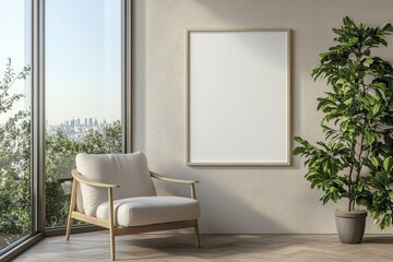 Poster Frame in Beige minimalist living room interior created with generative AI