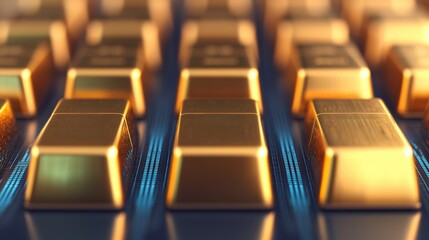 Obraz premium Digital Gold Bars on Futuristic Financial Dashboard in Cyberpunk Theme with Vibrant Colors, Selective Focus, Copy Space. Ultra HD Closeup.