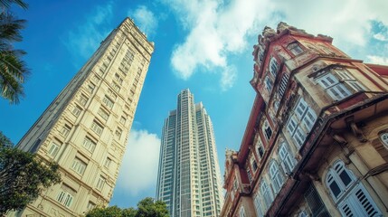 Fototapeta premium The towering skyscrapers of Mumbai financial district, contrasting with the traditional architecture below.