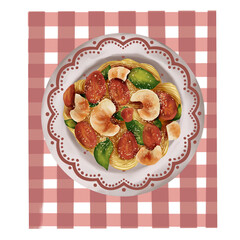 Hand draw colored graphic composition with Italian food, summer aesthetic, Dolce Vita, Capri, fresh fruits, pasta, pizza, isolated on white background