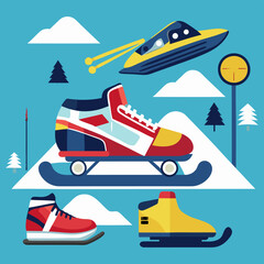 Vector Illustration of Winter Adventures with Skates, Tree, Mountains, and Snowmobile