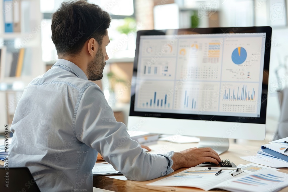 Poster man analyzing financial data on computer screen