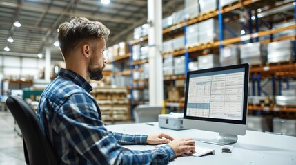 Man at computer in warehouse managing inventory