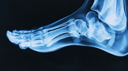 An x-ray image of a human foot, showing the bones of the foot and ankle in detail.