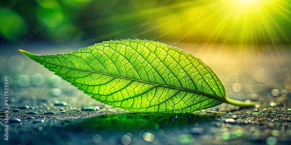 Poster Close-up shot of a green leaf with soft light reflection on the ground