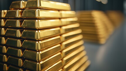 Illuminated Gold Bullion Stack in High-Security Vault with Copy Space - Selective Focus, Ultra HD
