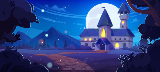 Obraz premium Fairy castle with light in windows at night. Cartoon vector dark dusk mountains and forest spooky landscape with road leading to magic tale royal palace with towers and gates under moonlight.