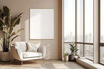 Fototapeta premium Poster Frame in Beige minimalist living room interior created with generative AI