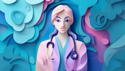Illustrative image of a female doctor with a stethoscope, abstract background in blue, purple and pink. Doctor Day Concept