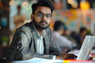 Obraz premium Focused man working on laptop in busy office