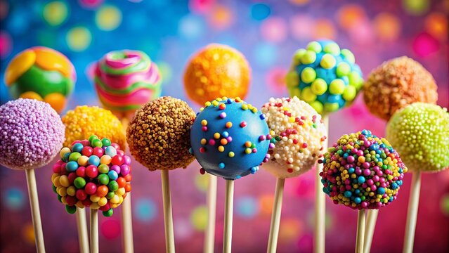 Colorful cake pops with sprinkles standing against a vibrant background