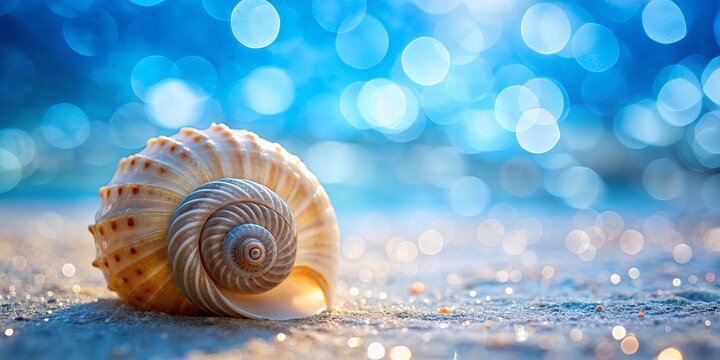 Close-up of an intricately designed sea shell against a soft blue bokeh background