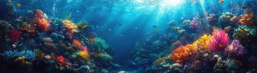 A colorful underwater fantasy scene, a vibrant coral reef teeming with exotic sea creatures, shimmering light filtering through water, surreal angles create an immersive experience