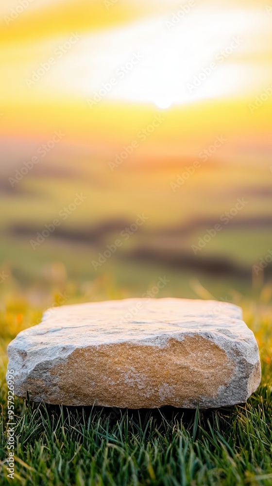 Poster Stone Platform in a Meadow at Sunset.