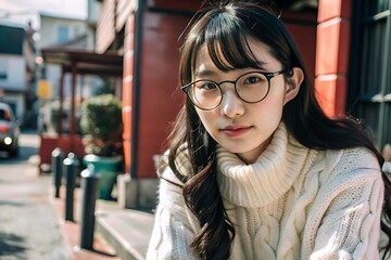 Fototapeta premium Portrait of a young woman wearing glasses and a white sweater.