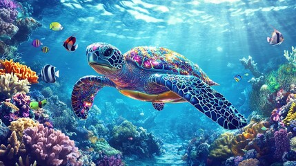 Fototapeta premium Hyperrealistic Sea Turtle Crafted from Iridescent Glass and Glitters, Swimming in a Vivid Ocean with Clownfish and Coral in the Background.