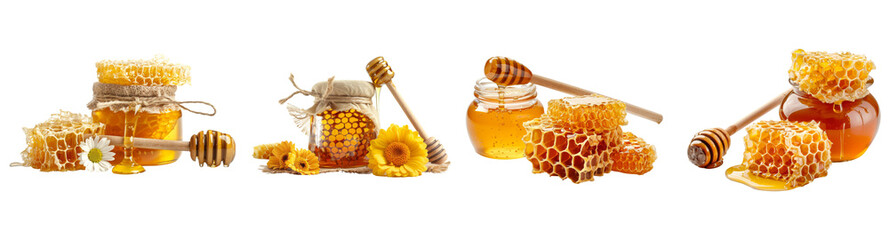 Set of Sweet Honeycombs in jar with honey drops and dipper isolated on background, Honey decor with flower for package element.