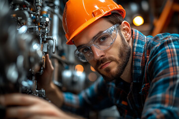 A focused worker in a hard hat and safety glasses inspects machinery in an industrial setting, ensuring operational safety and efficiency.