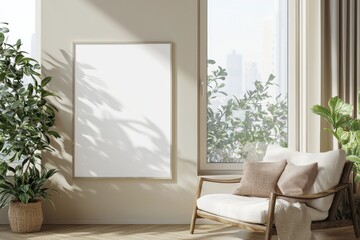 Poster Frame in Beige minimalist living room interior created with generative AI