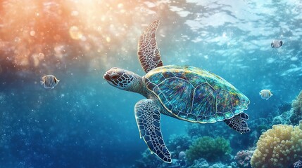 Obraz premium Hyperrealistic Sea Turtle Crafted from Iridescent Glass and Glitters, Swimming in a Vivid Ocean with Clownfish and Coral in the Background.