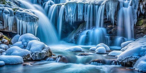 Water cascading down icy rocks, revealing shimmering ice crystals at the base