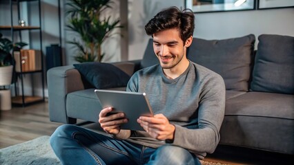 Obraz premium Man using a tablet at home.