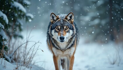 Obraz premium Majestic Wolf Walking Through Snowy Forest in Winter Wonderland