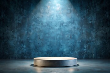 Round Podium with Spotlight on Blue Concrete Wall Background