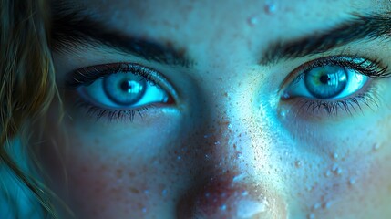 Naklejka premium A close-up of blue eyes with freckles, highlighted by soft blue light for a captivating look.