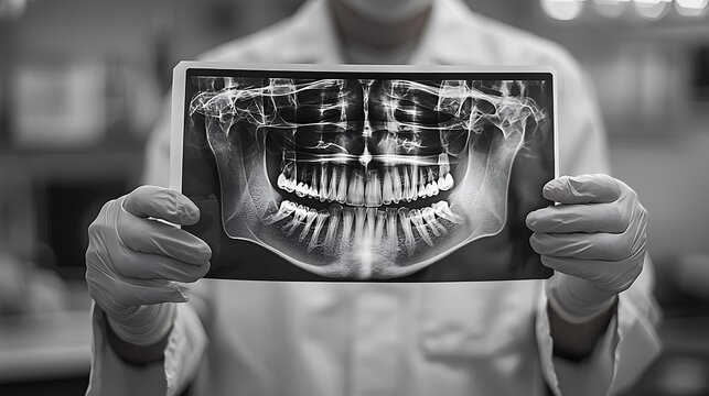 A dentist holds a panoramic X-ray of teeth, focusing on patient care and dental health.