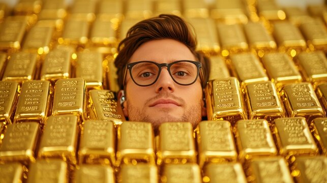 Wealth and Luxury: Pop Star Surrounded by Golden Bullion Bars in Lavish Mansion Setting with Copy Space, Selective Focus, Ultra HD
