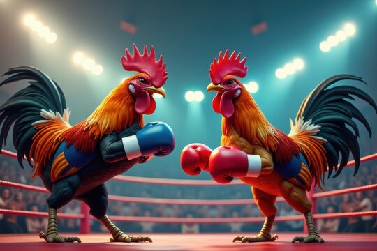 Roosters are fighting in a boxing ring. Generative AI