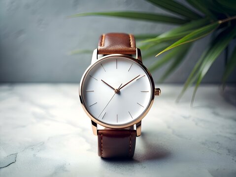 A classic wristwatch with a rose gold case and white face. featuring a brown leather strap.