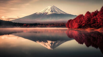 A serene autumn landscape features a snow-capped mountain, resembling Mount Fuji, reflected in a calm lake. Vibrant red and orange foliage frames the scene.