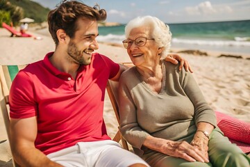 Happy Grandson and Grandmother Relaxing on the Beach.