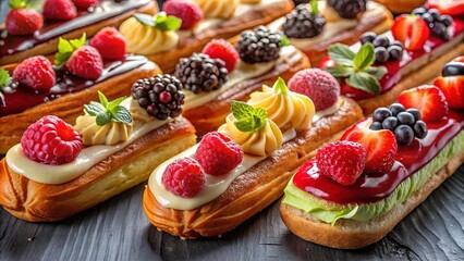 A mouthwatering display of assorted eclairs topped with fresh berries and glaze