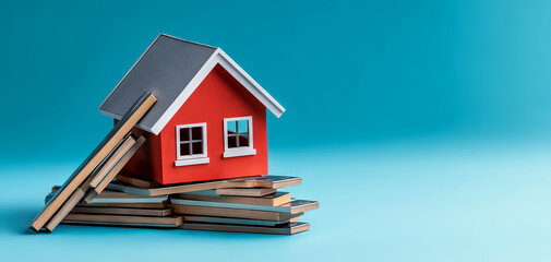 A colorful model house sits on stacks of wood, symbolizing construction and home building against a bright blue background.