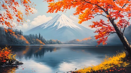 A serene autumn landscape features a snow-capped mountain, resembling Mount Fuji, reflected in a calm lake. Vibrant red and orange foliage frames the scene.