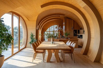 Fototapeta premium Modern Wooden Dining Room Interior With Curved Walls and Natural Light