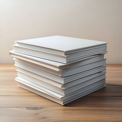 A stack of blank white books on a wooden table.