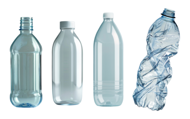 Set of empty water plastic bottles isolated on background, different type of bottle shape.
