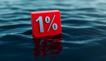 A red block floating on water, displaying the percentage symbol 1%. Represents finance, statistics, and minimal impact.