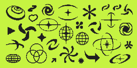 Y2K pixel style asset. Y2K retro futuristic elements for posters, flyers, banners, streetwear, social media. Acid pixel 8 bit vector abstract shapes, symbols, frames. Y2K aesthetics.