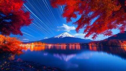Fototapeta premium A serene autumn landscape features a snow-capped mountain, resembling Mount Fuji, reflected in a calm lake. Vibrant red and orange foliage frames the scene.