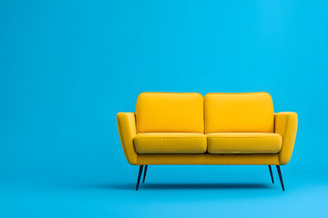 Fototapeta premium Yellow sofa, isolated on blue background