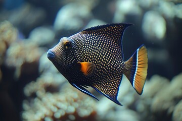 A Close-Up of a Black and Yellow Spotted Fish Swimming