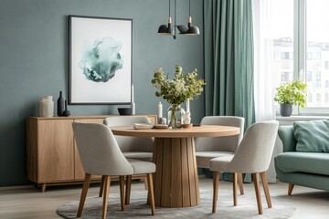Modern Dining Room Interior with Wooden Table and Chairs  Green Walls and Curtains  and Artwork
