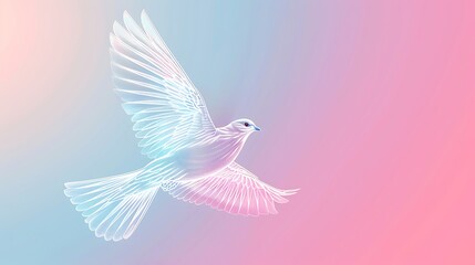 Obraz premium A clean white line illustration of a bird in flight, positioned on a gradient background that transitions from sky blue to soft pink, symbolizing freedom and serenity. 8k UHD, suitable for high-qualit
