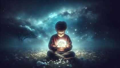 Fototapeta premium Young Boy Holding Moon in Hands Under Starry Night Sky, Sitting on Flower Meadow, Digital Art Illustration Painting, Magical Dreamlike Scene, Fantasy, Nighttime Serenity, Child's Imagination
